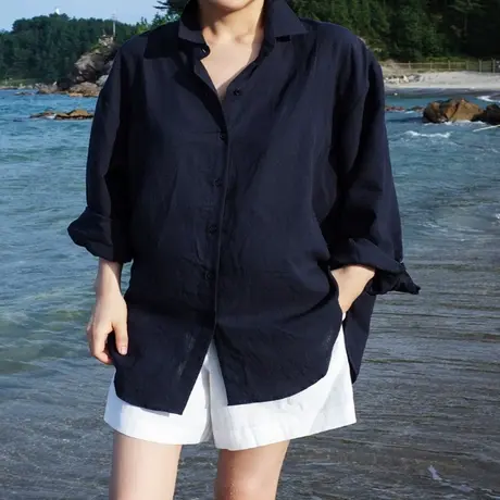 新款长袖棉麻立领衬衫女中长款韩版宽松大码百搭时尚休闲亚麻衬衣商品大图