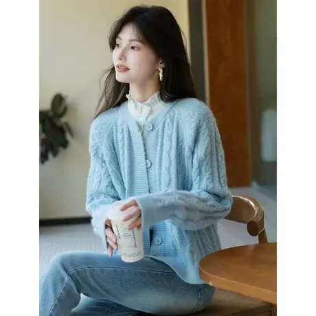 时尚气质圆领毛衣开衫2023年秋季新款淑女温柔宽松显瘦通勤上衣图片