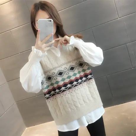 V领提花毛衣背心女2023春秋韩版宽松软糯针织衫马夹麻花坎肩内搭商品大图