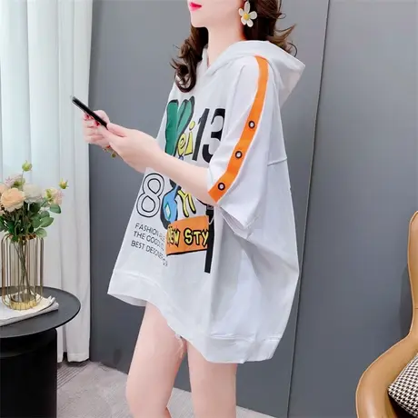 设计感连帽短袖T恤女中长款2023年新款夏季宽松慵懒风潮牌上衣ins商品大图