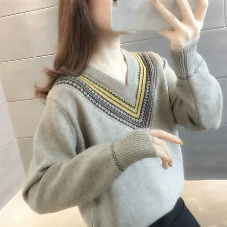 2022年新款毛衣v领毛衣女宽松外穿内搭网红针织衫女套头春装新款商品大图