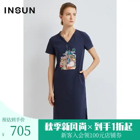 恩裳夏女装简约时尚印花钉珠亲肤舒适品质纯棉连衣裙图片