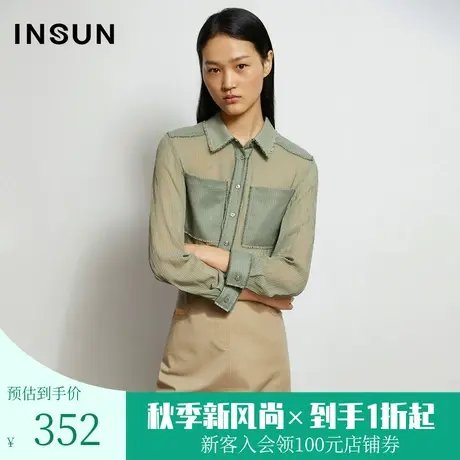 恩裳春秋季商场同款复古做旧网纱拼接桑蚕丝真丝修身衬衫女图片