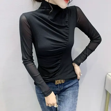 时尚网纱打底衫女秋冬洋气设计感小众半高领T恤长袖加绒加厚上衣商品大图