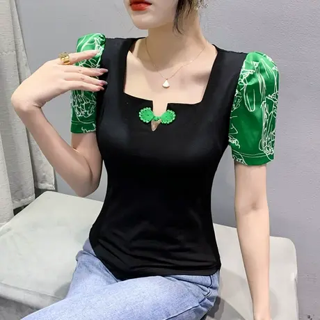 复古中国风T恤女修身显瘦短袖设计感小众方领上衣洋气百搭小衫夏图片