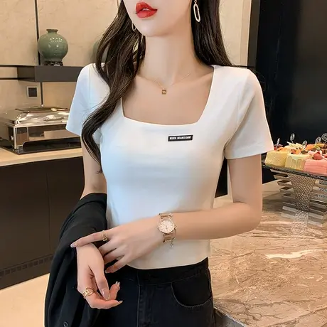 短款高腰露脐纯棉白色短袖t恤女2023年夏季新款方领体恤上衣ins潮商品大图