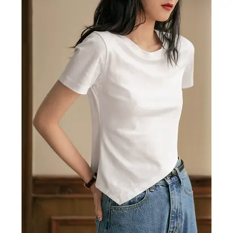弥古白色纯棉不规则短袖t恤女夏修身法式小众斜边黑色上衣高级感商品大图