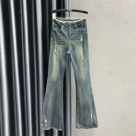 韩版复古抓破牛仔长裤女2023秋季新款毛边高腰修身显瘦微喇裤辣裤商品大图