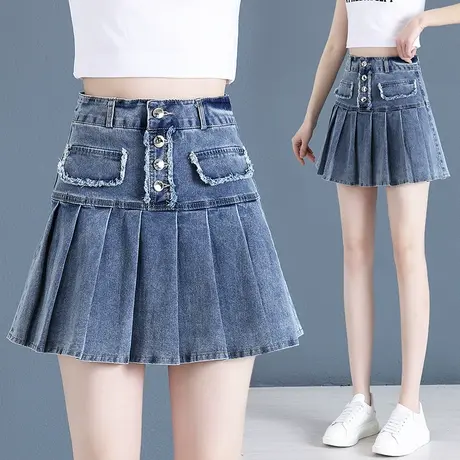 高腰百褶牛仔半身裙女夏季2023新款胖mm显瘦设计感a字包臀短裙子图片