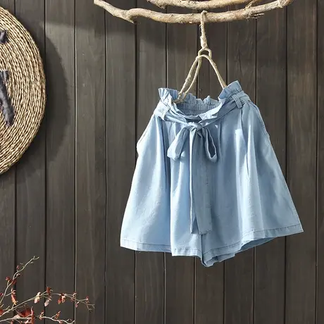 枫谜2020年夏季新款文艺简约冰丝牛仔短裤女宽松薄款牛仔阔腿裤图片