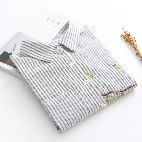 2019春秋新款女装日系文艺小清新刺绣长袖条纹衬衫女百搭打底衬衣商品大图