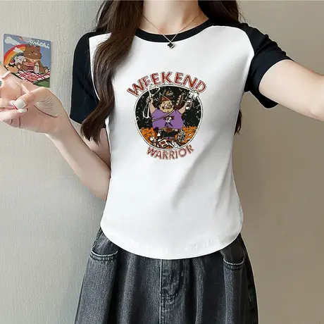 黑白撞色美式正肩t恤女短袖夏季2023新款短款修身不规则纯棉上衣图片