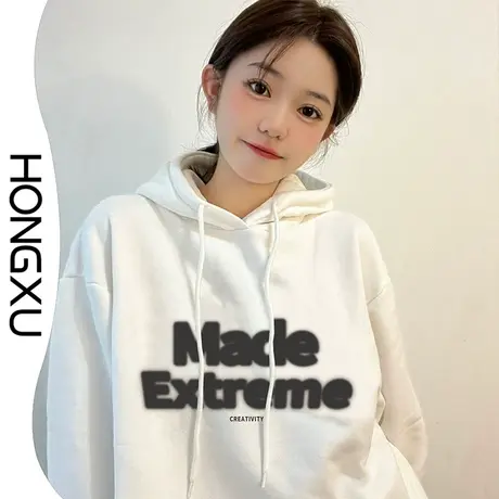 红续新款韩版学院风简约印花上衣女2023秋冬款加厚宽松百搭上衣潮图片