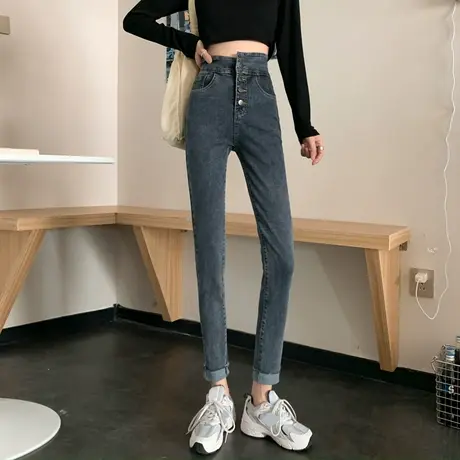 秋冬2023年新款韩版高腰小脚裤子显瘦弹力修身紧身裤牛仔裤女装潮商品大图