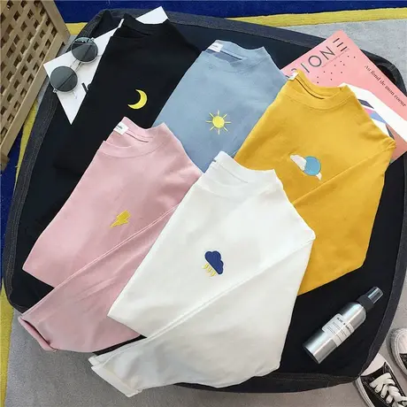 秋装2023年新款韩版ins原宿风白色上衣宽松bf学生黑色长袖t恤女潮图片