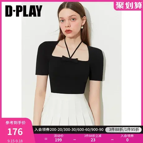 DPLAY2023新法式优雅经典黑短款修身美背蝴蝶结挂脖短袖针织小衫图片