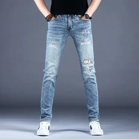 2023秋款男士烫钻印花牛仔裤男新款修身小脚休闲裤子浅色弹力大牌商品大图