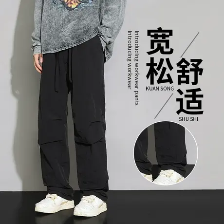 美式工装裤子男士春秋季宽松直筒阔腿裤男款束脚伞兵运动休闲长裤商品大图