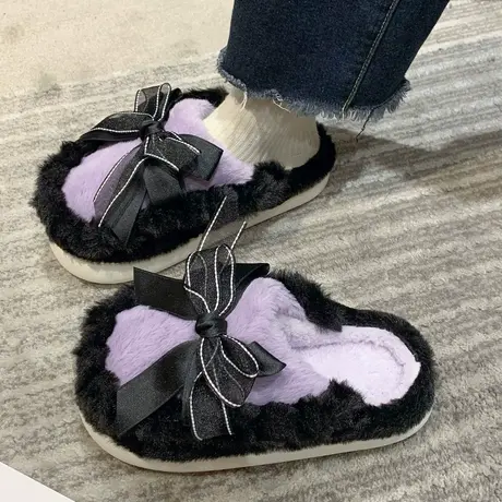 时尚蝴蝶结棉拖鞋女可爱2023年秋冬季新款居家保暖厚底家用毛毛拖商品大图