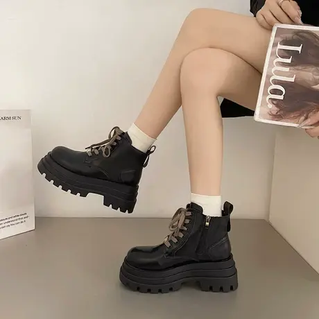 厚底马丁靴女潮ins酷2023年新款春秋单靴子英伦风粗跟底增高短靴图片