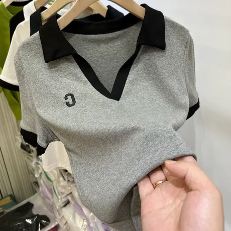 欧货撞色翻领字母刺绣短袖T恤女2024夏装新款修身Polo衫小衫上衣图片