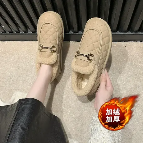 老北京棉鞋女一脚蹬休闲鞋冬季外穿防滑孕妇鞋加绒乐福鞋软底皮鞋商品大图