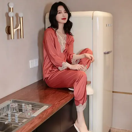 韩版新款睡衣女夏冰丝性感蕾丝春秋丝绸长袖长裤两件套装家居服　图片