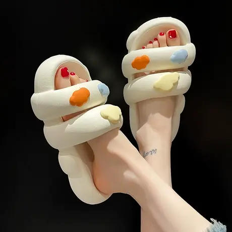 可爱彩虹双带一字拖女夏季网红外穿踩屎感厚底防滑室内家居凉拖鞋图片