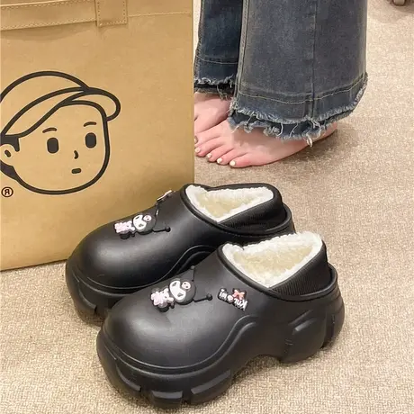 厚底包跟可爱棉拖鞋女冬季外穿保暖加绒防水高跟防滑室内居家棉鞋商品大图