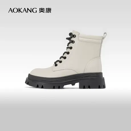 奥康女鞋 2023冬季新款真皮休闲时装靴中筒马丁靴粗跟英伦风百搭图片
