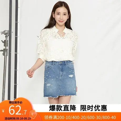 艾格新款夏季女装时尚百搭蕾丝休闲纯色套头V领衬衫Z215商品大图