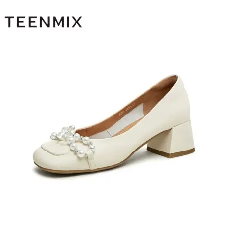 天美意珍珠浅口单鞋高跟鞋女粗跟单鞋一脚蹬皮鞋2023新AE007BQ3商品大图