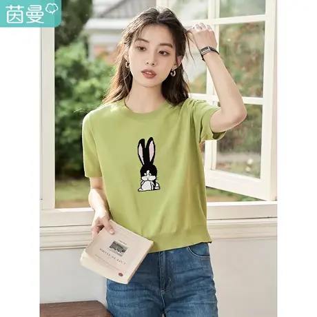 茵曼2023春女装新款田园趣味精致兔子提花宽松短款圆领短袖针织衫图片