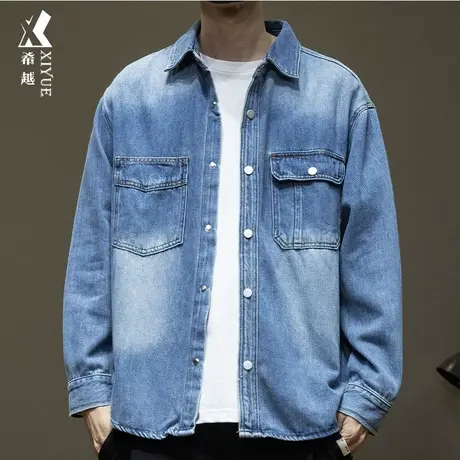 希越重工水洗牛仔衬衫男2024春季款宽松大码男士翻领复古渐变外套商品大图