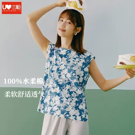 三枪背心中老年夏纯棉妈妈印花宽松宽肩透气全棉短袖女士大码汗衫商品大图