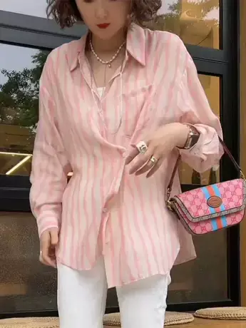 韩版条纹polo领长袖防晒衫女2023年夏季新款宽松显瘦百搭外穿衬衫商品大图