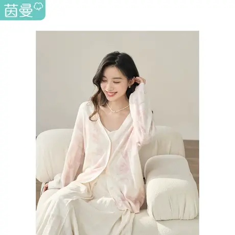 【商场同款】茵曼浅粉印花毛衣2023秋季女装新款V领长袖宽松外套商品大图