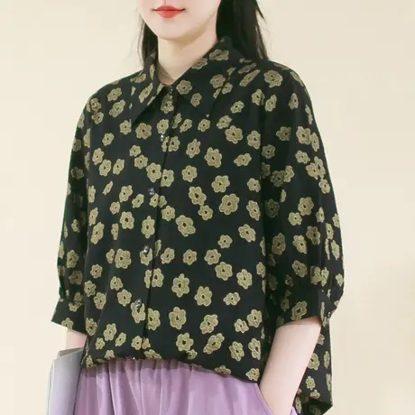 胖妹妹夏季质感黑金花朵衬衫 加大码2023新款宽松五分袖飒帅上衣商品大图