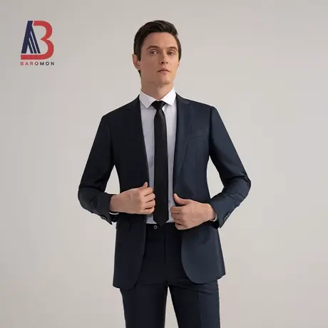 BAROMON/培罗蒙男士休闲西装外套商务正装修身藏青色羊毛西服套装商品大图
