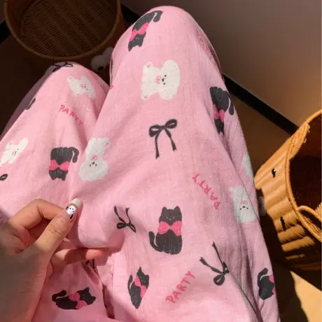 全棉双层纱布睡裤巨柔软巨透气可爱少女卡通宽松慵懒家居长裤女商品大图