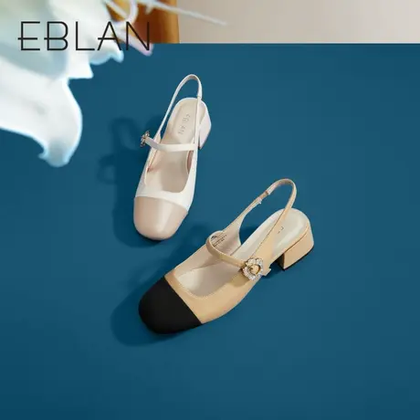 伊伴2023夏季新款女鞋拼接小香风法式后空凉鞋粗跟包头B23220903商品大图