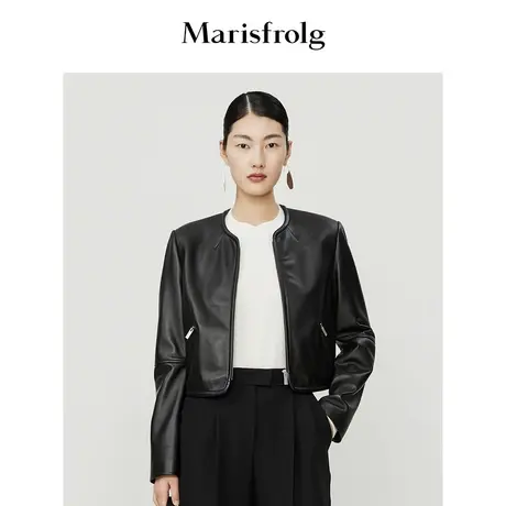 【商场同款】玛丝菲尔秋季新款截短式黑色短款绵羊皮外套图片