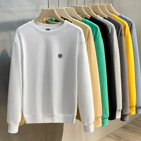 2023年春秋季新款圆领卫衣男长袖t恤韩版潮上衣服ins字母刺绣白色图片