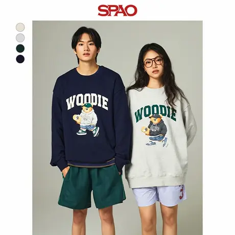 SPAO韩国同款简约休闲日常易搭宽松小熊Woodie印花套头卫衣商品大图