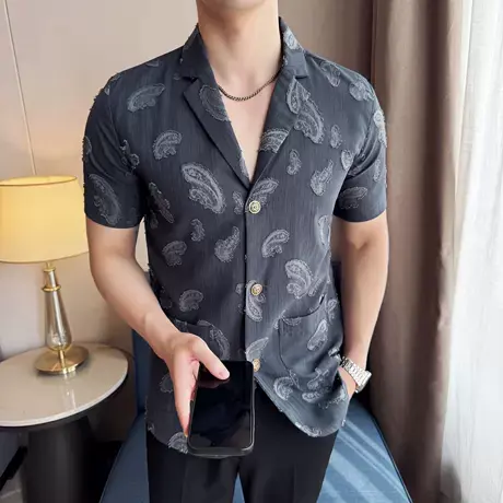 夏季薄款冰丝短袖西服男痞帅时尚无内衬休闲免烫西装3D提花上衣潮商品大图