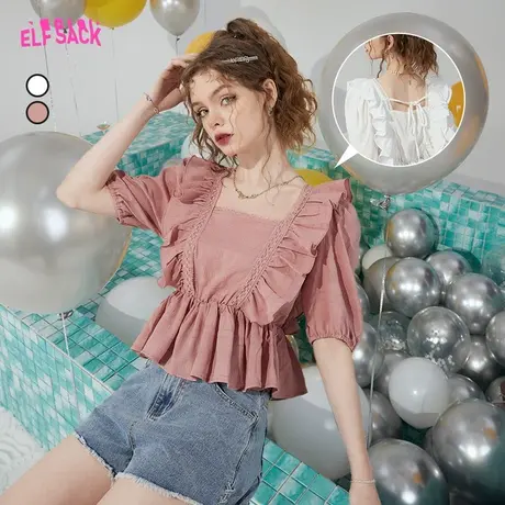 妖精的口袋法式短袖蕾丝雪纺衫女2023夏季新款荷叶边设计感上衣图片