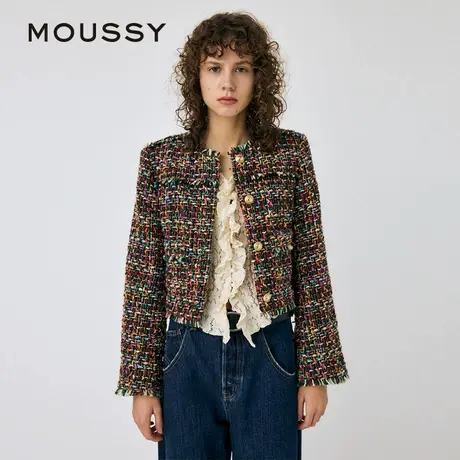 MOUSSY 春季新品彩色粗花呢淑女短款毛边小香风外套010HA730-0251图片