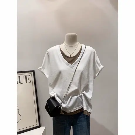 设计感小众假两件短袖T恤女夏季宽松韩版内搭打底衫V领正肩上衣潮图片