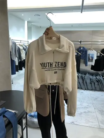 韩国东大门2023春季新款时尚抽绳翻领字母短款半拉链卫衣女上衣潮商品大图