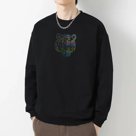 380g重磅纯棉卫衣男2023新款中国潮流虎头摇粒绒圆领黑色长袖t恤商品大图